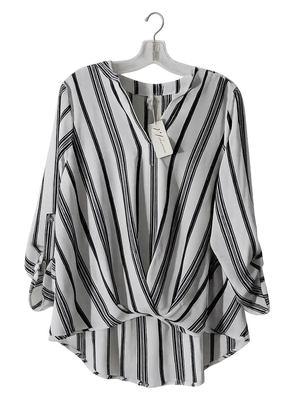 NY Collection White and Black Striped Wrap-Front Blouse